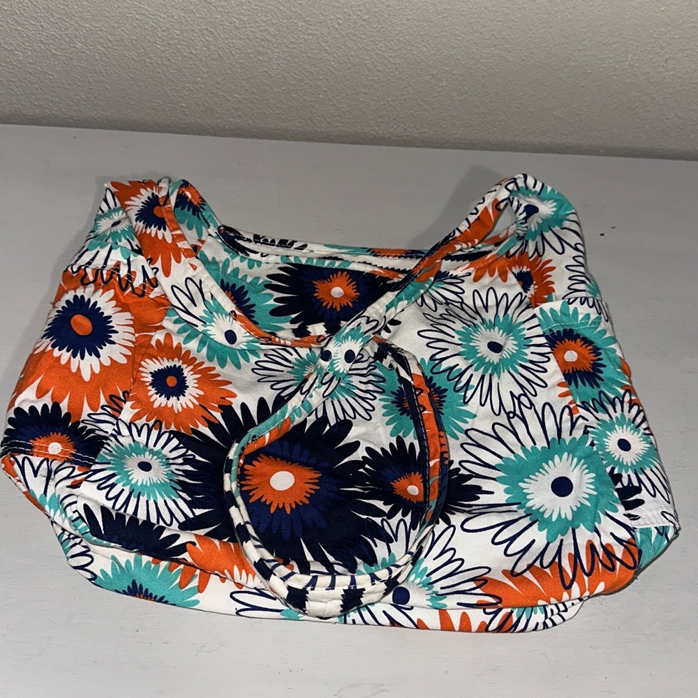Thirty-One - Inside Out Stripes Side/Floral Side   Shoulder Bag Orange & Navy